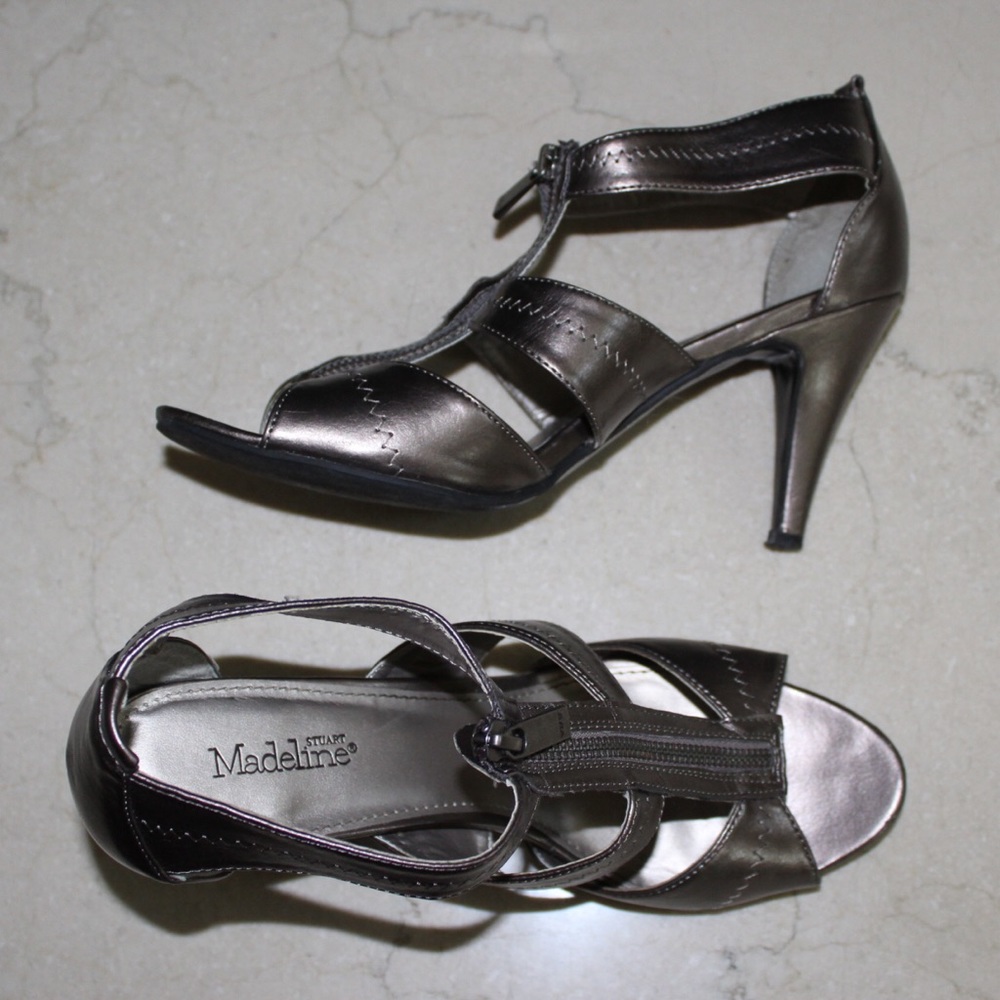 Madeline Stewart | Zipper front metallic heels